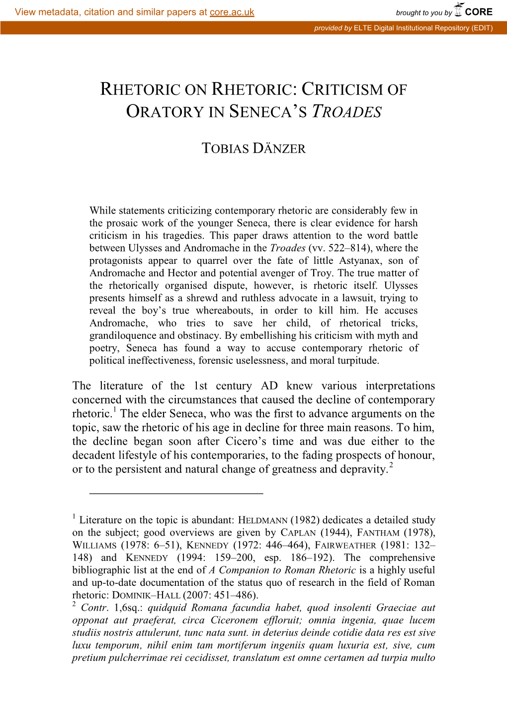Rhetoric on Rhetoric: Criticism of Oratory in Seneca’S Troades