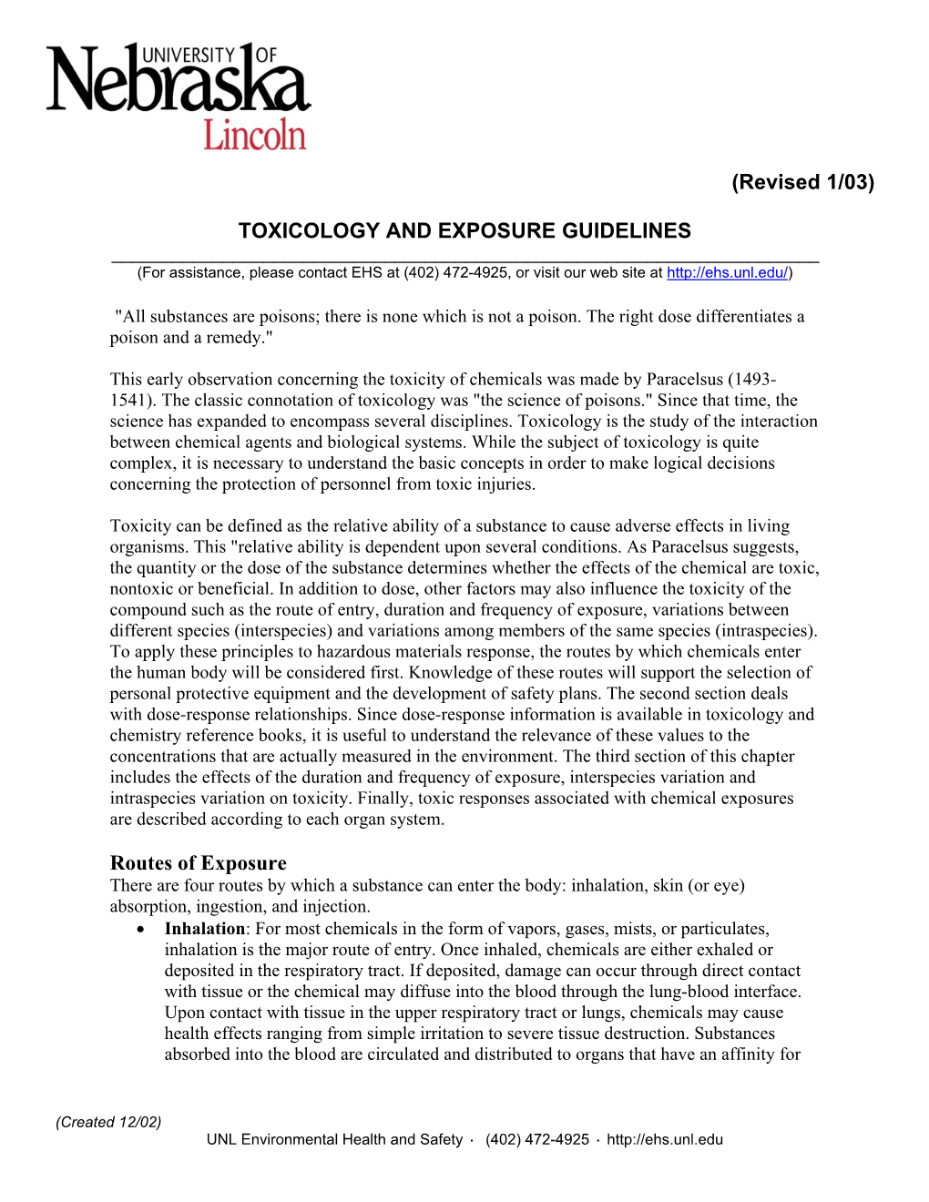 TOXICOLOGY and EXPOSURE GUIDELINES ______(For Assistance, Please Contact EHS at (402) 472-4925, Or Visit Our Web Site At