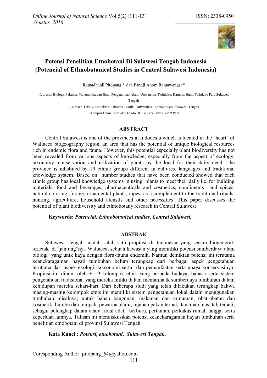 Potensi Penelitian Etnobotani Di Sulawesi Tengah Indonesia (Potencial of Ethnobotanical Studies in Central Sulawesi Indonesia)