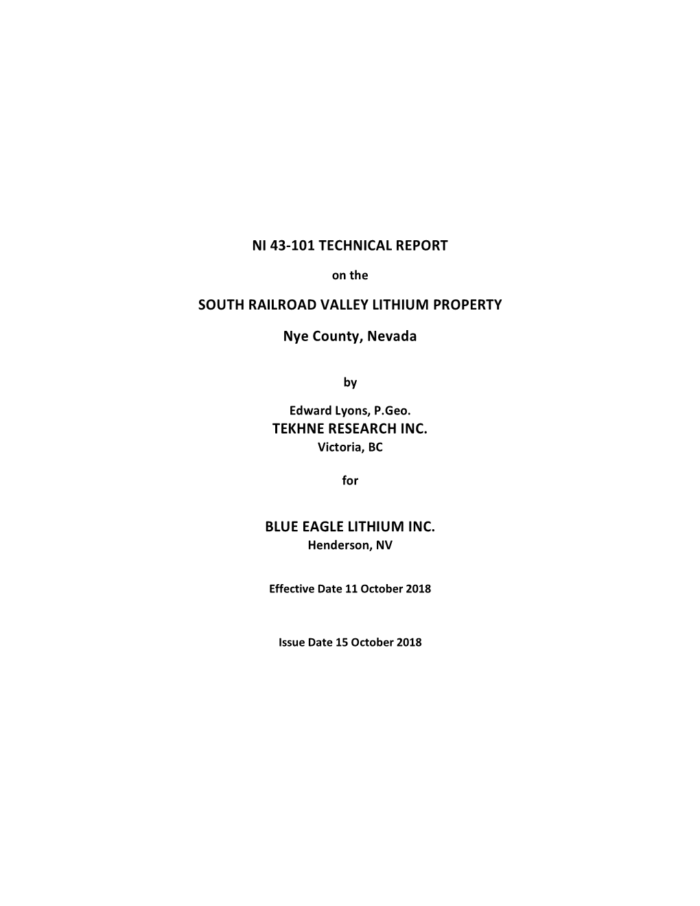 Ni 43-101 Technical Report South Railroad Valley