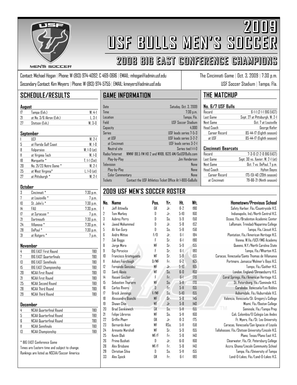 2009 USF MS Game Notes