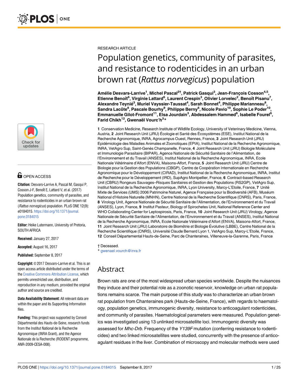 Population Genetics, Community of Parasites, and Resistance to Rodenticides in an Urban Brown Rat (Rattus Norvegicus) Population
