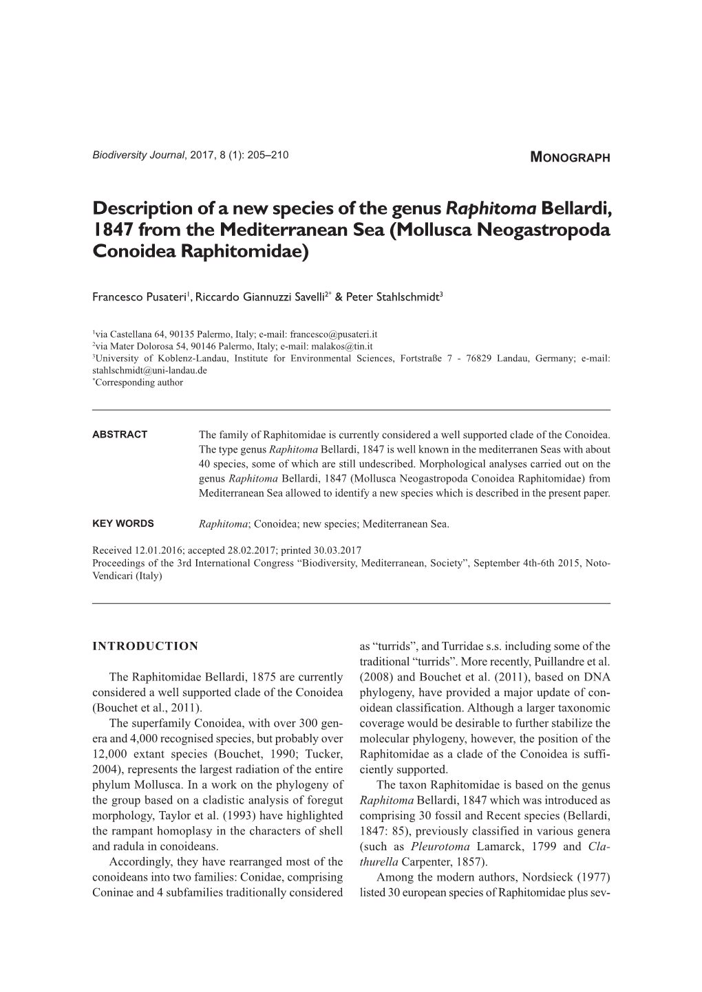 Description of a New Species of the Genus Raphitoma Bellardi, 1847 from the Mediterranean Sea (Mollusca Neogastropoda Conoidea Raphitomidae)