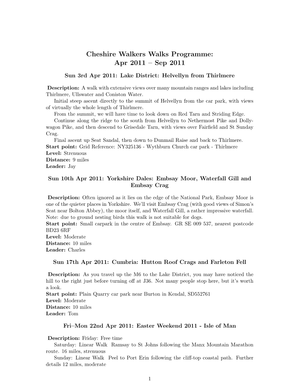 Cheshire Walkers Walks Programme: Apr 2011 – Sep 2011