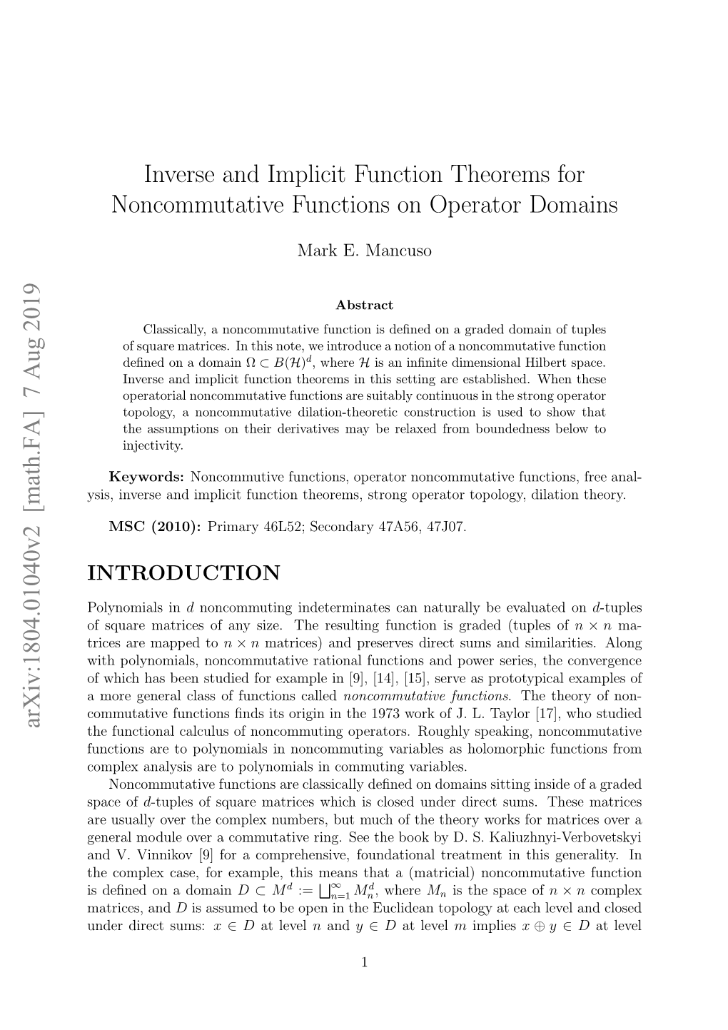 Inverse and Implicit Function Theorems for Noncommutative