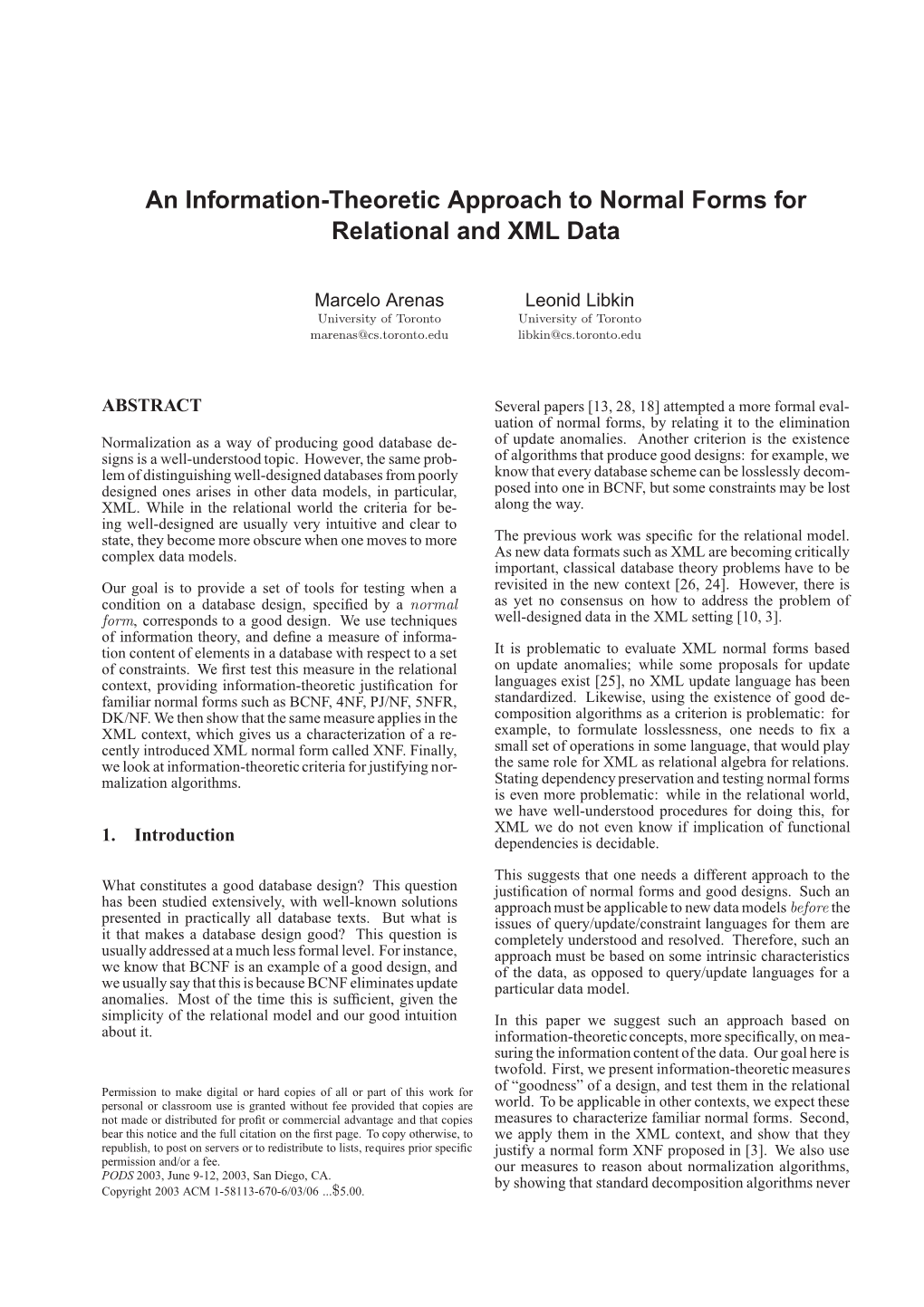 An Information-Theoretic Approach to Normal Forms for Relational and XML Data