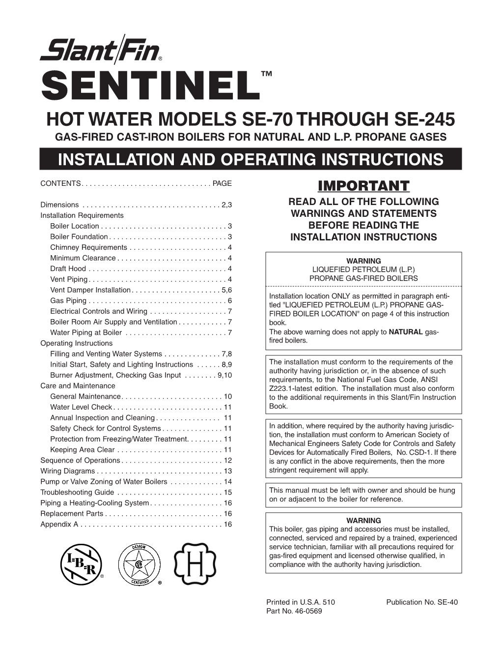 Sentinel™ Hot Water Models Se-70 Through Se-245 Gas-Fired Cast-Iron Boilers for Natural and L.P