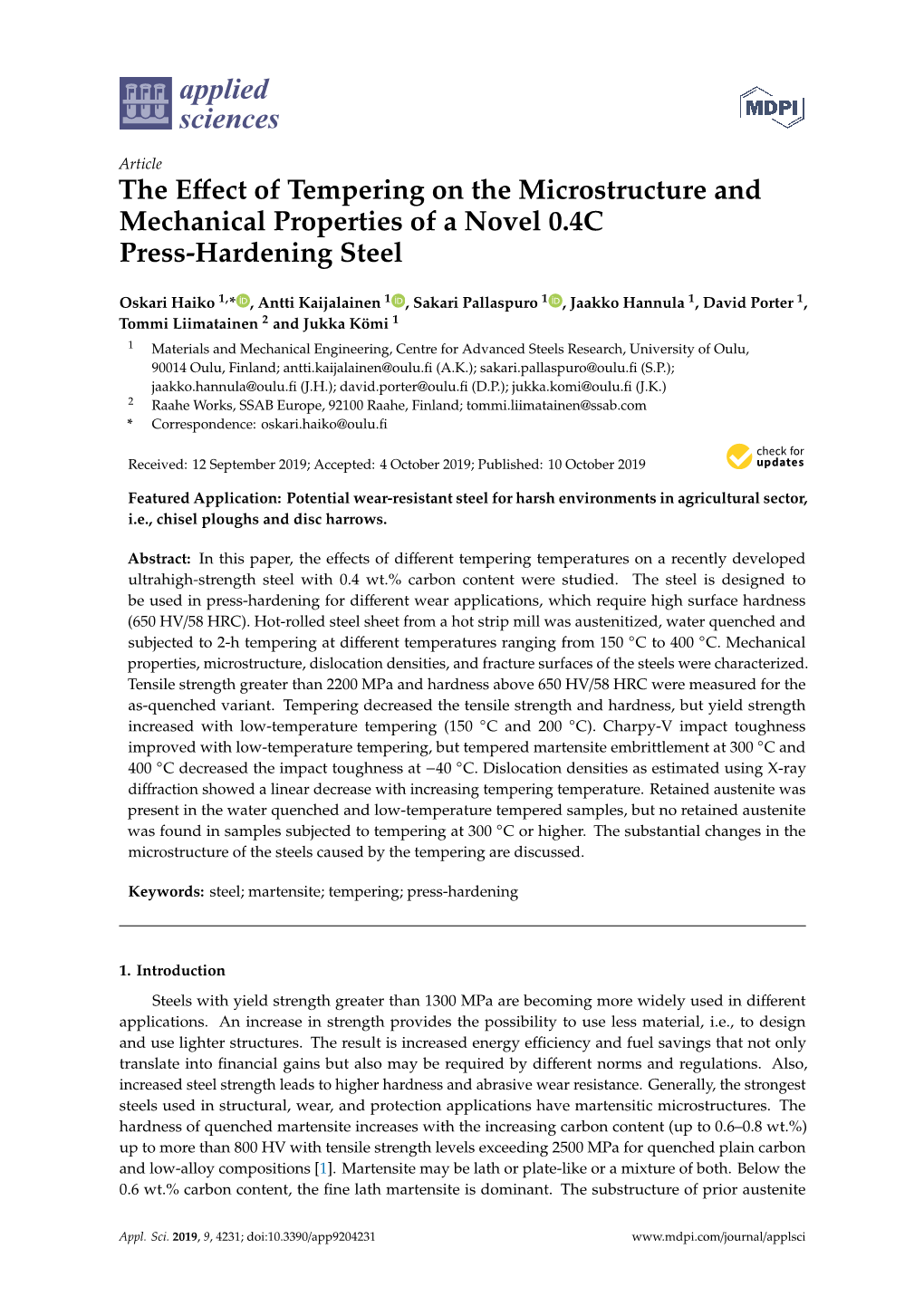 The Effect of Tempering on the Microstructure and Mechanical