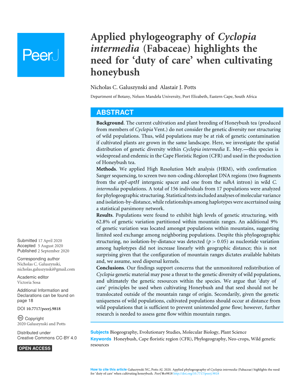 Applied Phylogeography of Cyclopia Intermedia (Fabaceae) Highlights the Need for ‘Duty of Care’ When Cultivating Honeybush