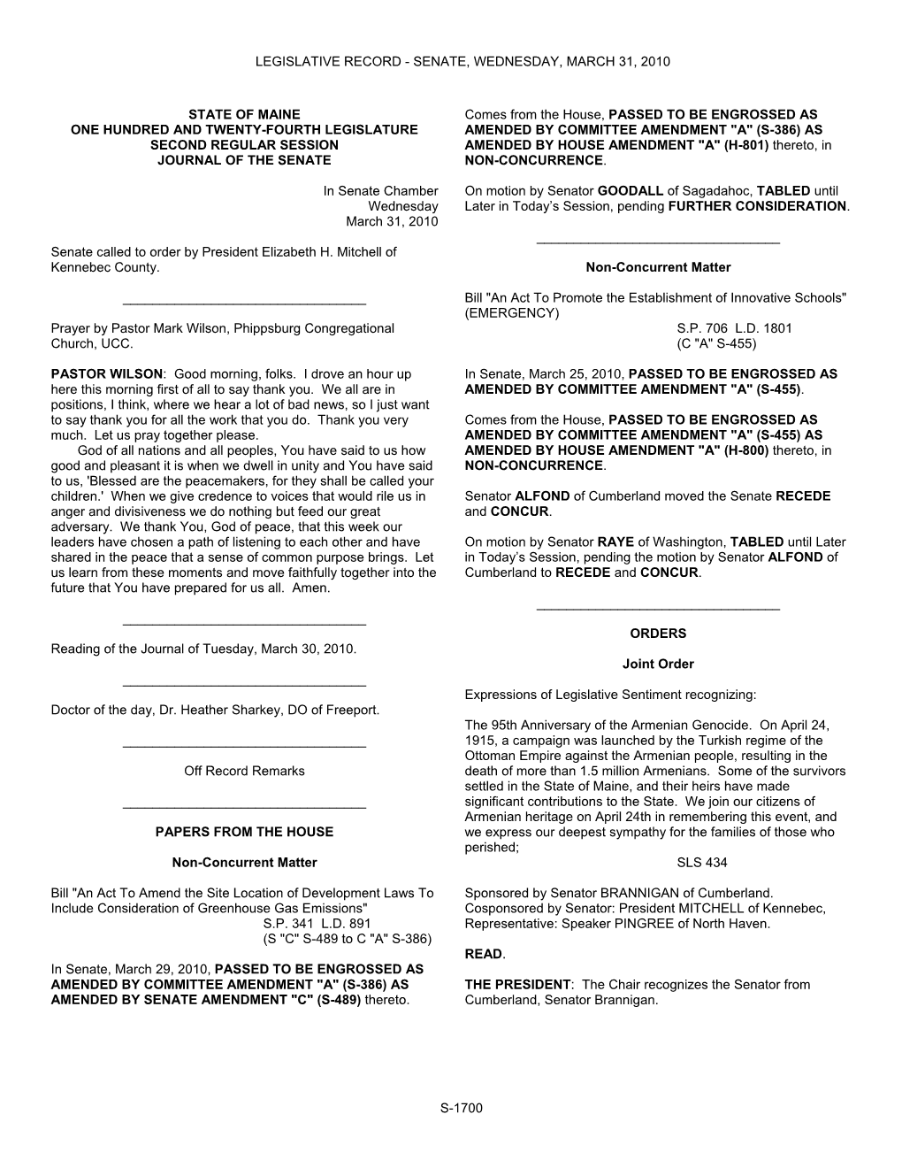 Legislative Record - Senate, Wednesday, March 31, 2010