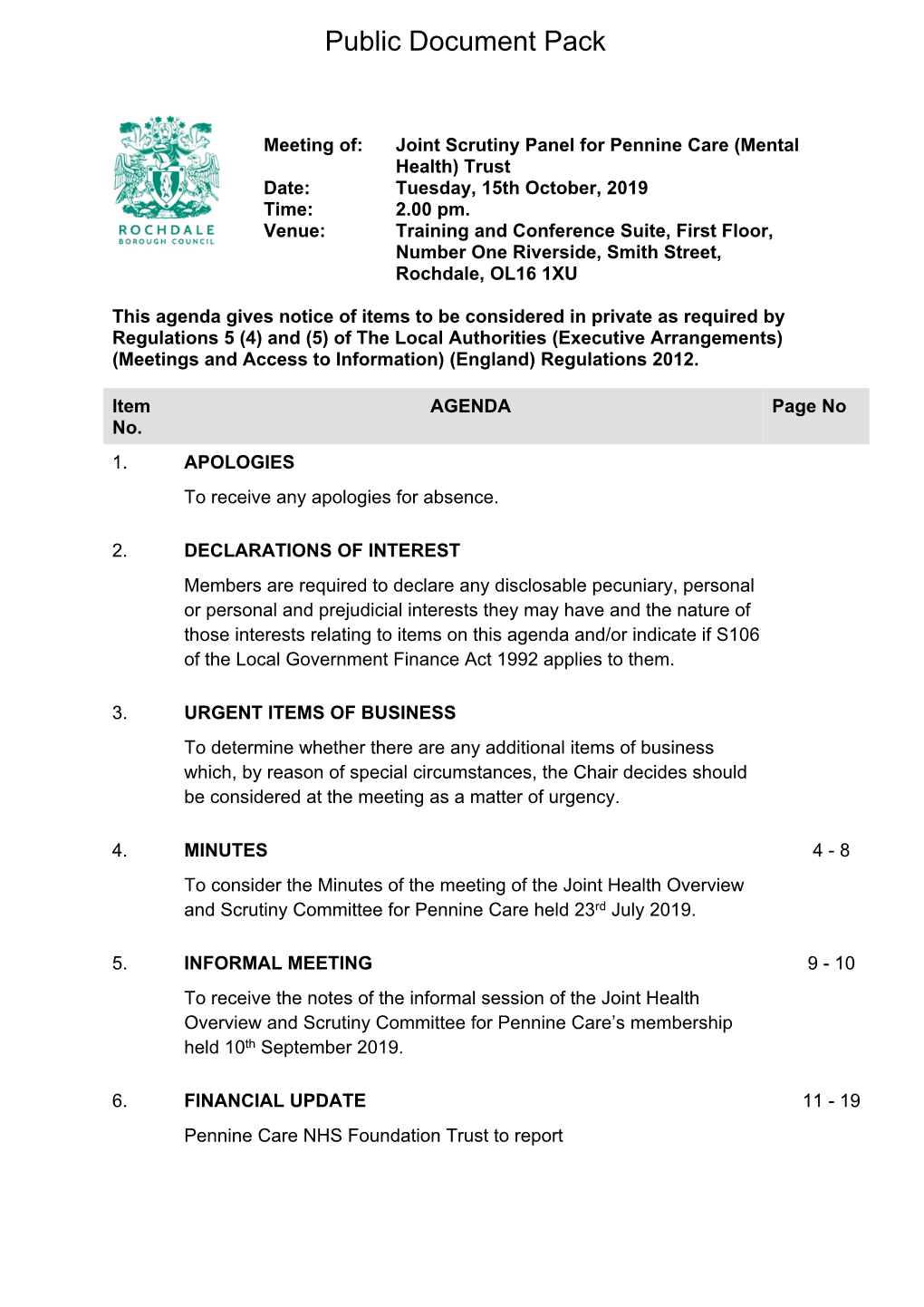 (Public Pack)Agenda Document for Joint Scrutiny Panel for Pennine Care (Mental Health) Trust, 15/10/2019 14:00