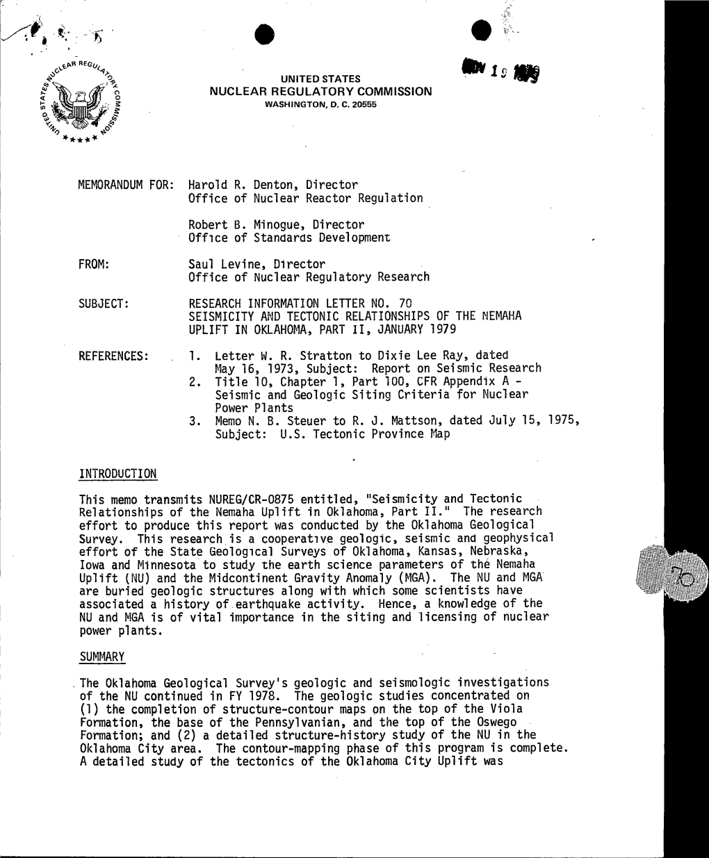 Seismicity and Tectonic Relationships of the Nemaha Uplift in Oklahoma, Part Ii, January 1979 References: 1