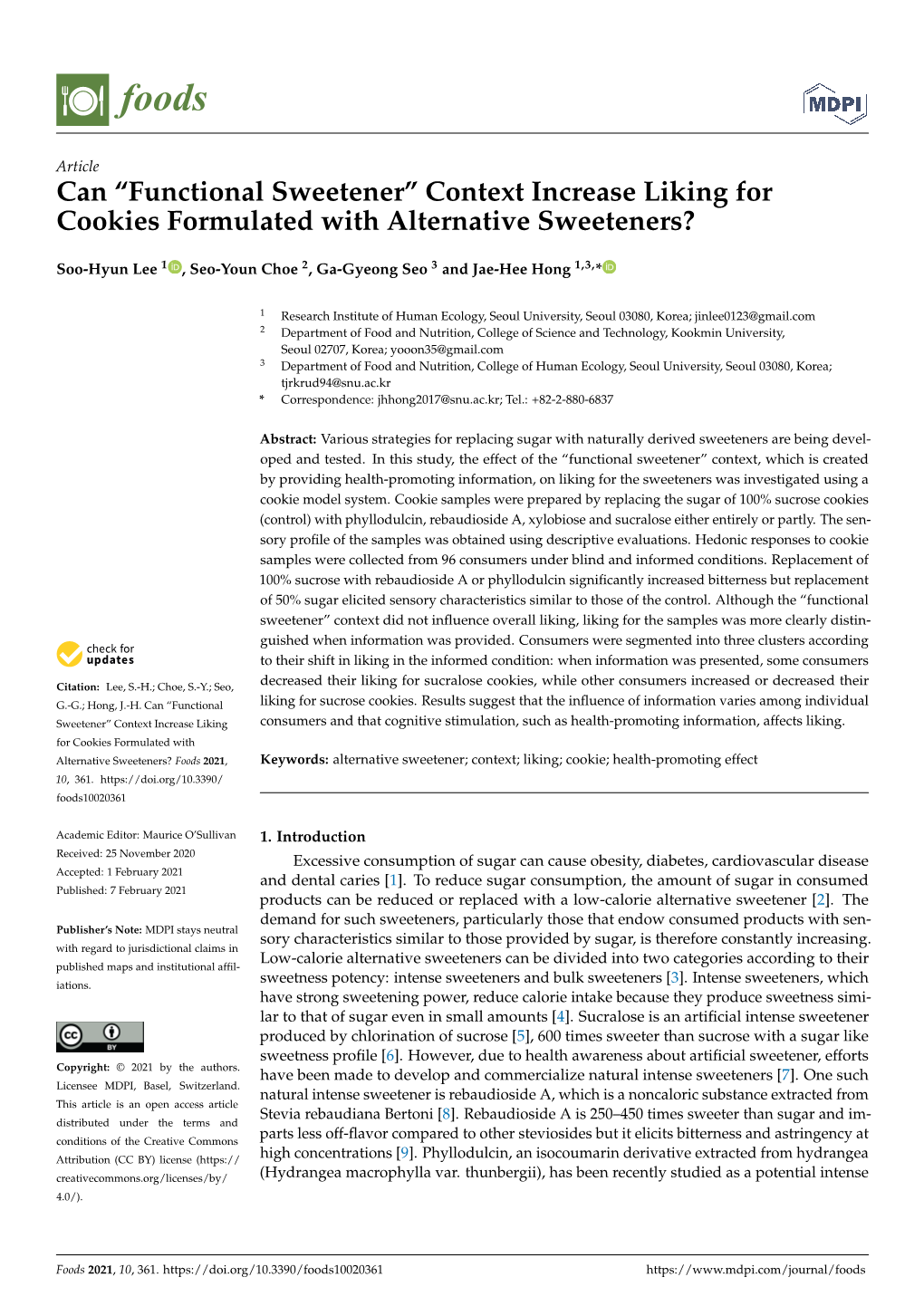 Can “Functional Sweetener” Context Increase Liking for Cookies Formulated with Alternative Sweeteners?