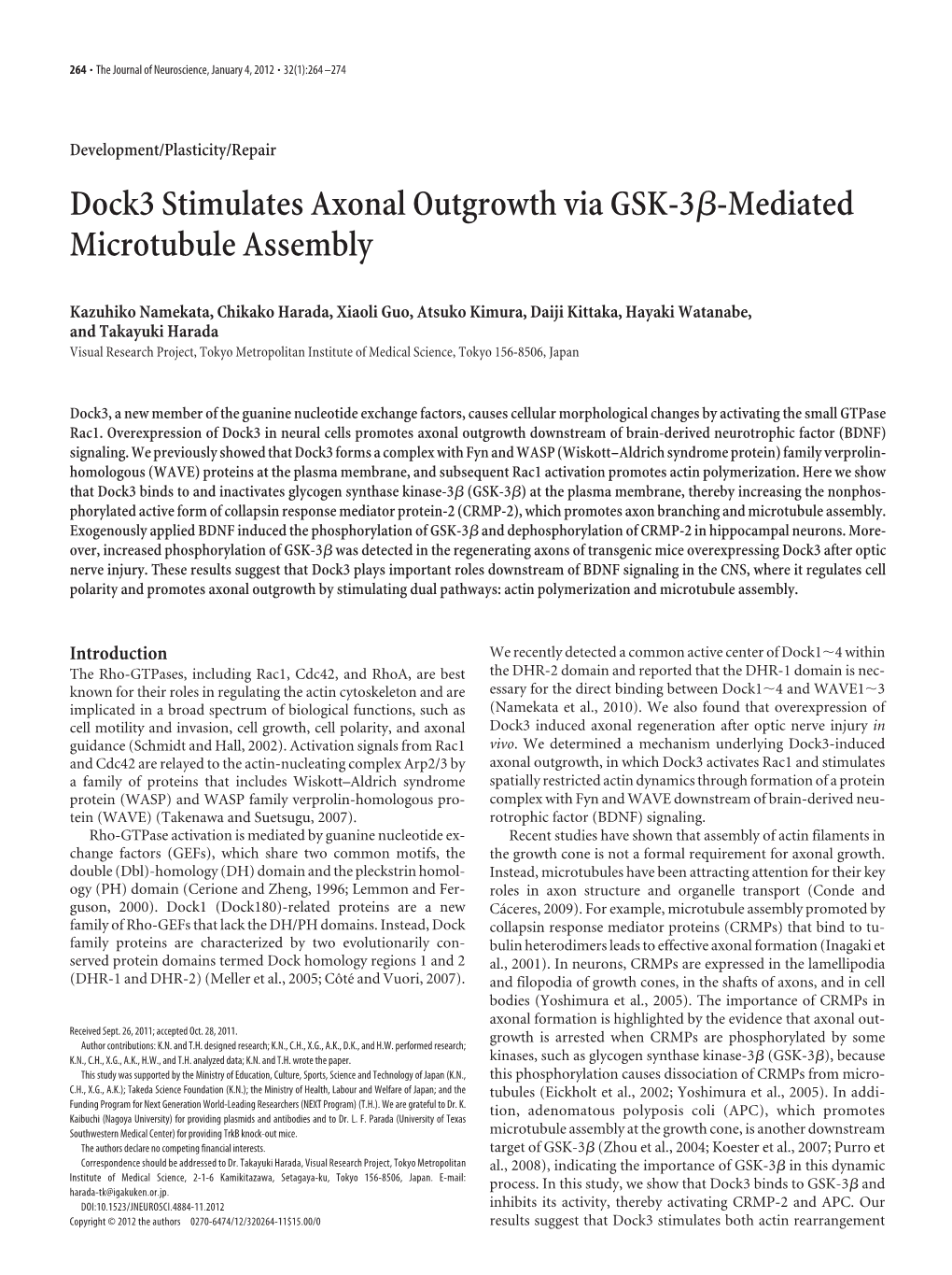 Dock3 Stimulates Axonal Outgrowth Via GSK-3ß-Mediated Microtubule