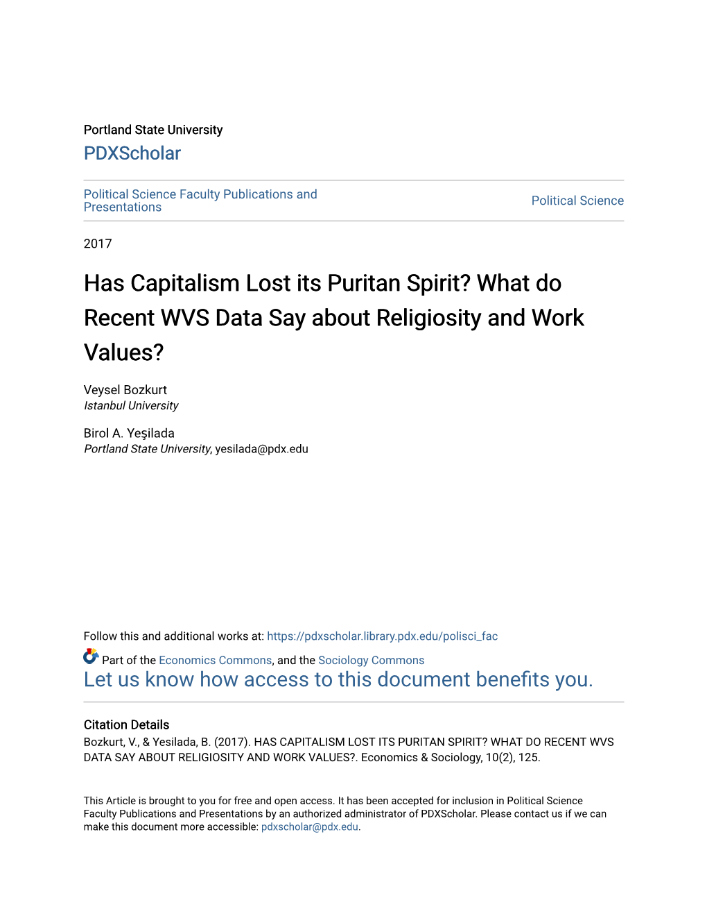 Has Capitalism Lost Its Puritan Spirit? What Do Recent WVS Data Say About Religiosity and Work Values?