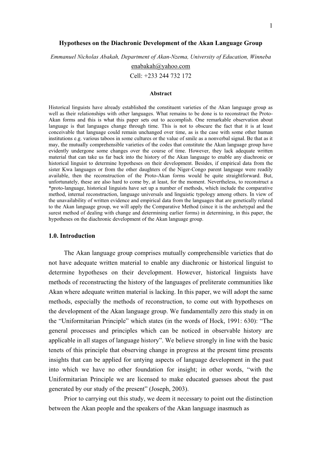 Emmanuel Nicholas Abakah. Hypotheses on the Diachronic