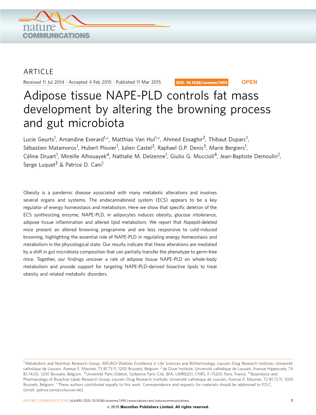 Adipose Tissue NAPE-PLD Controls Fat Mass Development by Altering the Browning Process and Gut Microbiota
