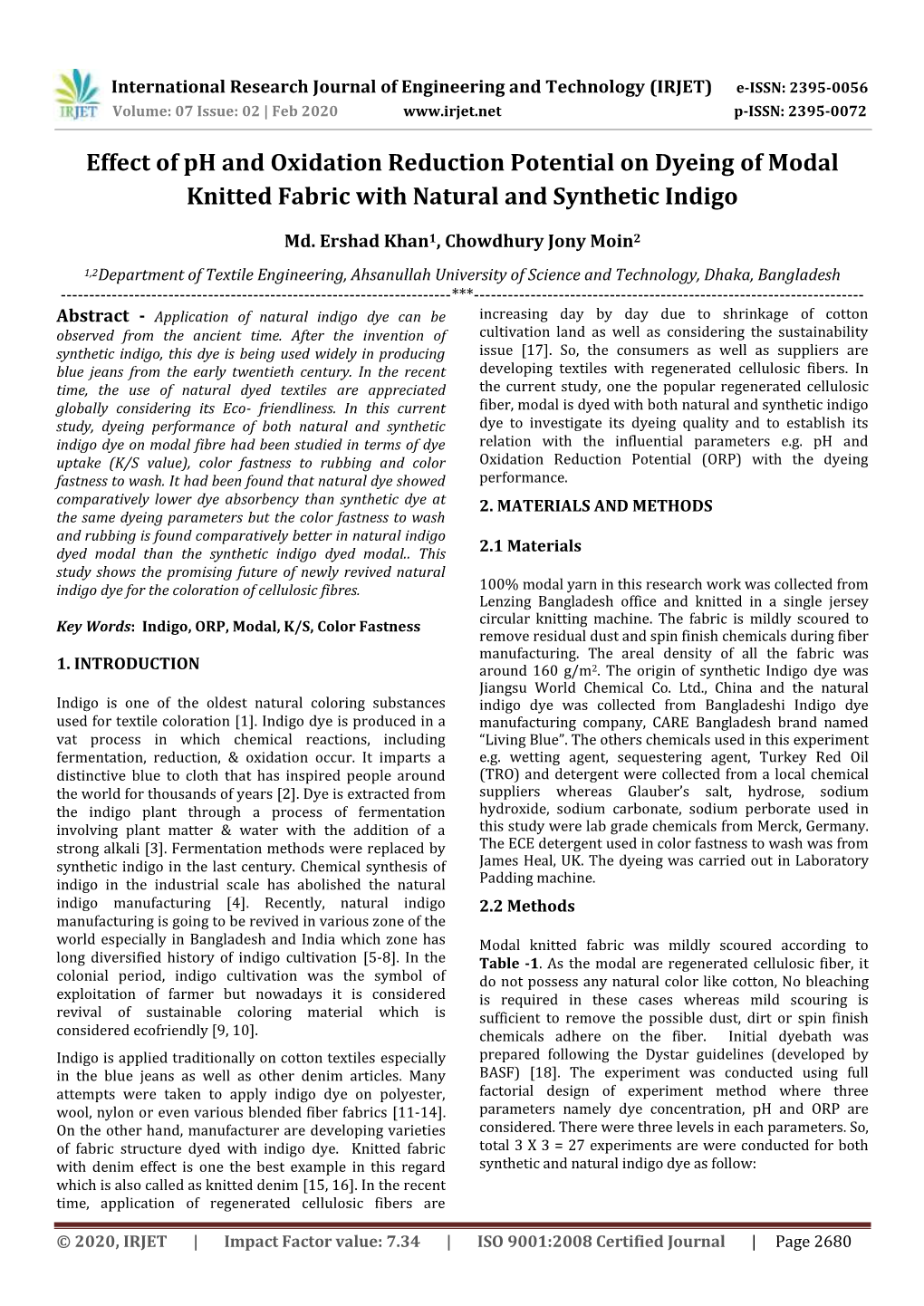 Effect of Ph and Oxidation Reduction Potential on Dyeing of Modal Knitted Fabric with Natural and Synthetic Indigo