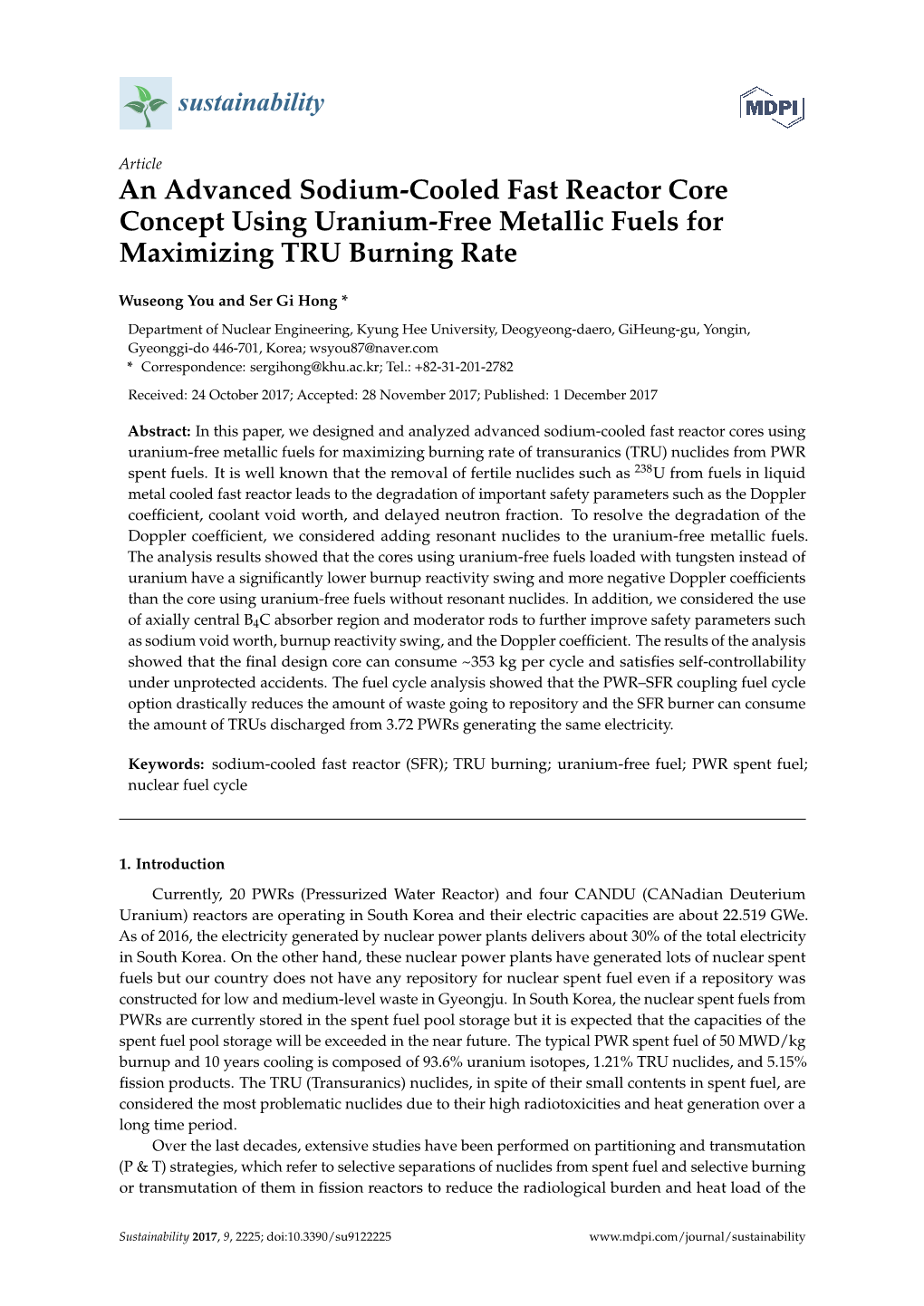 An Advanced Sodium-Cooled Fast Reactor Core Concept Using Uranium-Free Metallic Fuels for Maximizing TRU Burning Rate