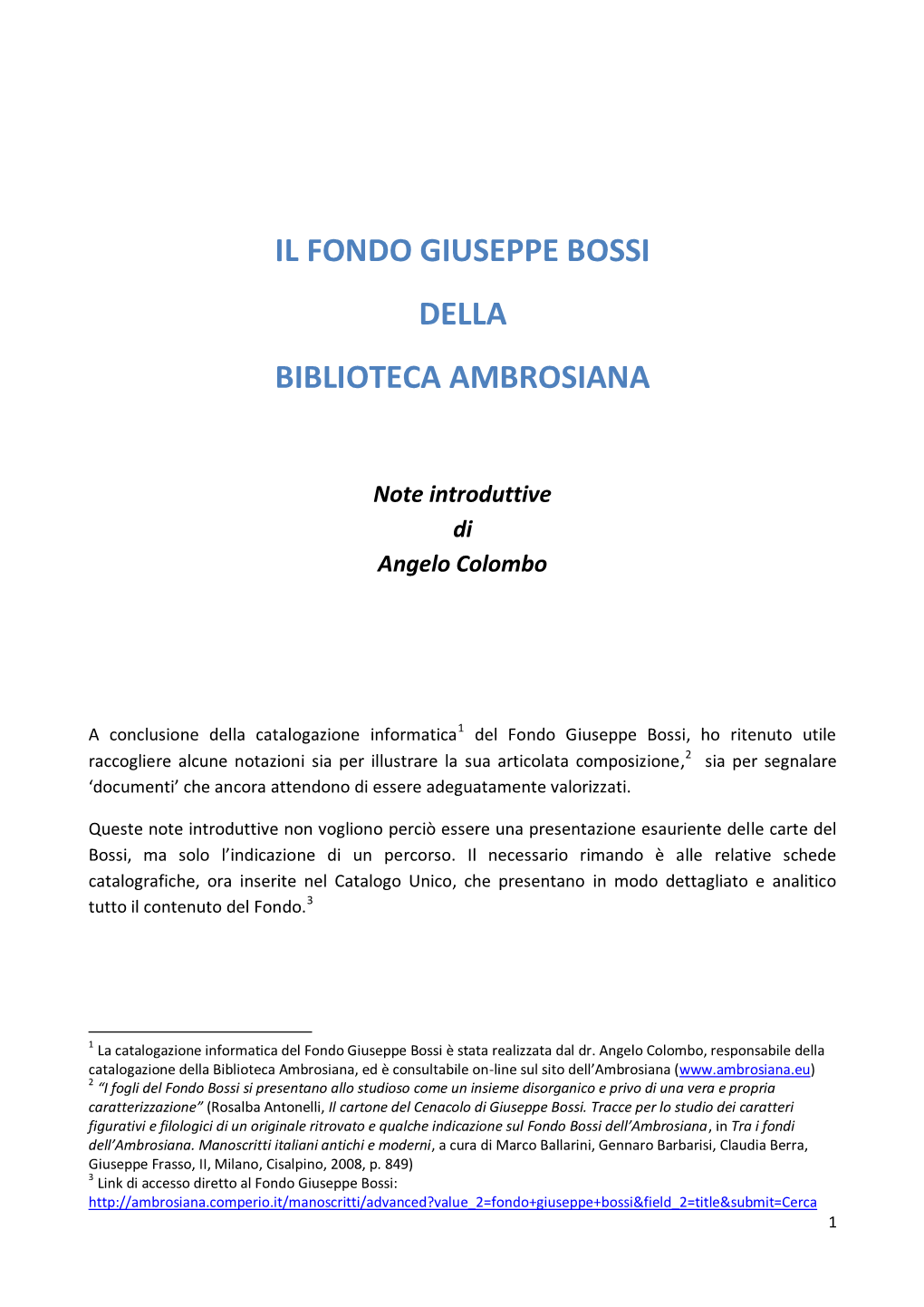 Il Fondo Giuseppe Bossi Della Biblioteca Ambrosiana
