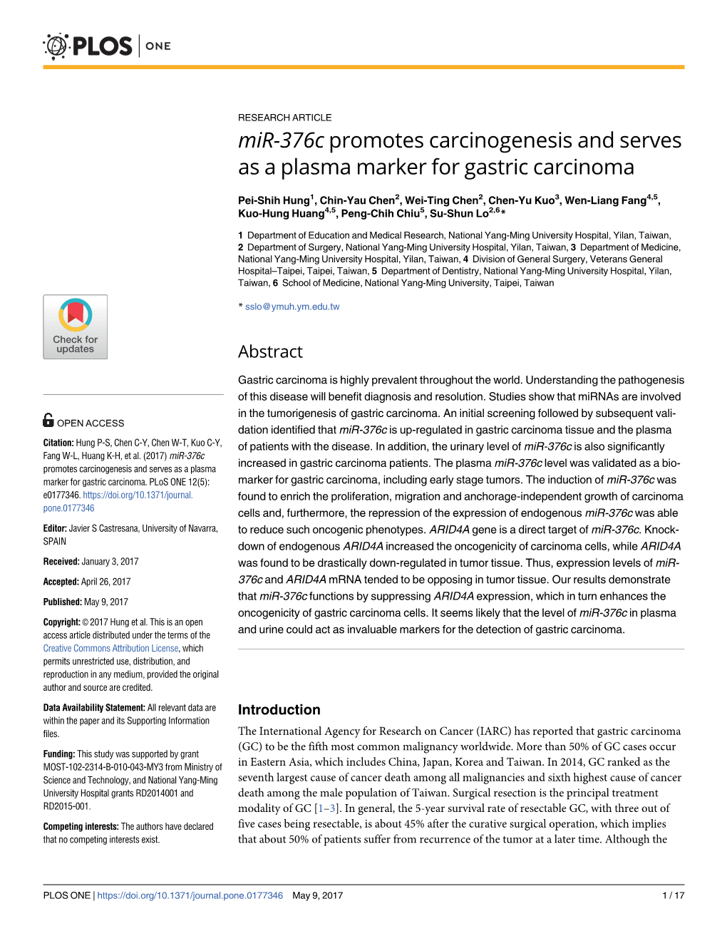 Mir-376C Promotes Carcinogenesis and Serves As a Plasma Marker for Gastric Carcinoma