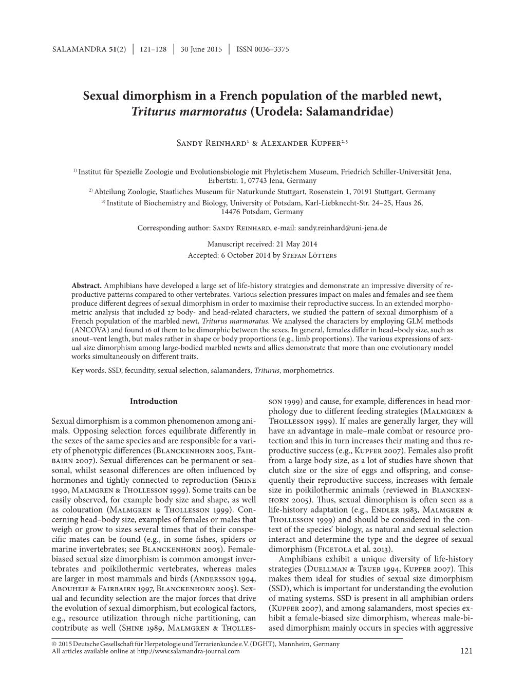 Sexual Dimorphism in a French Population of the Marbled Newt, Triturus Marmoratus (Urodela: Salamandridae)