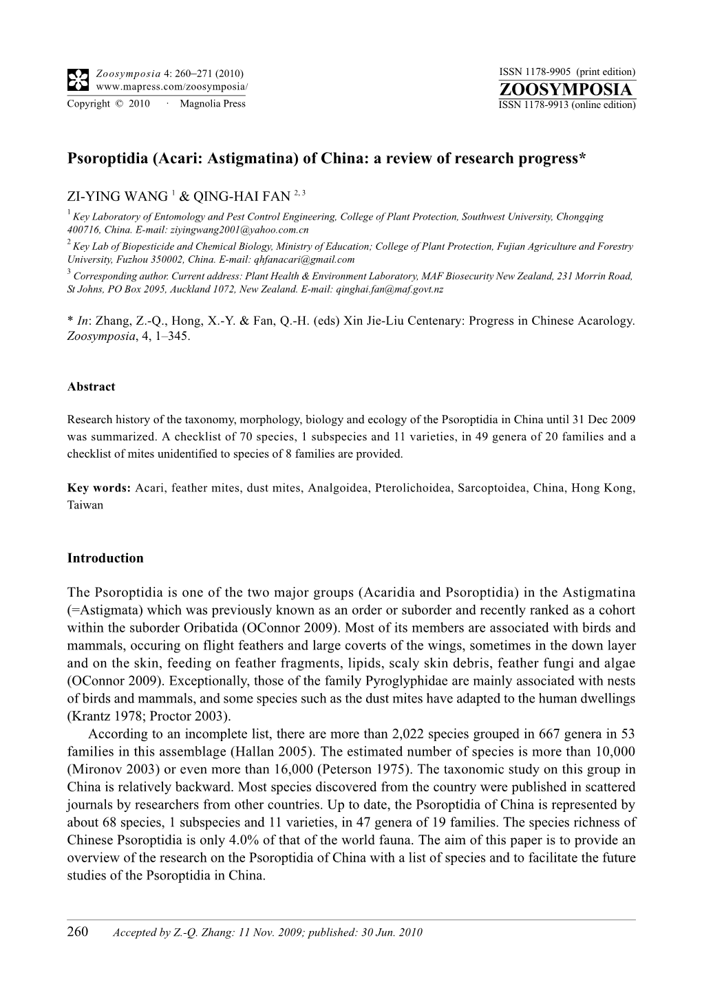 Zoosymposia 4: 260–271 (2010) Psoroptidia (Acari: Astigmatina)