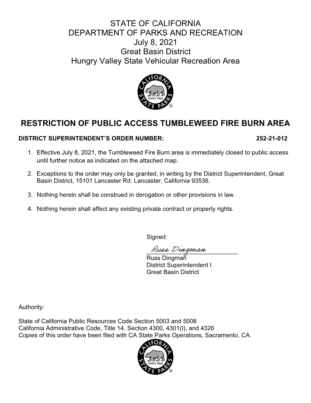 STATE of CALIFORNIA DEPARTMENT of PARKS and RECREATION July 8, 2021 Great Basin District Hungry Valley State Vehicular Recreation Area