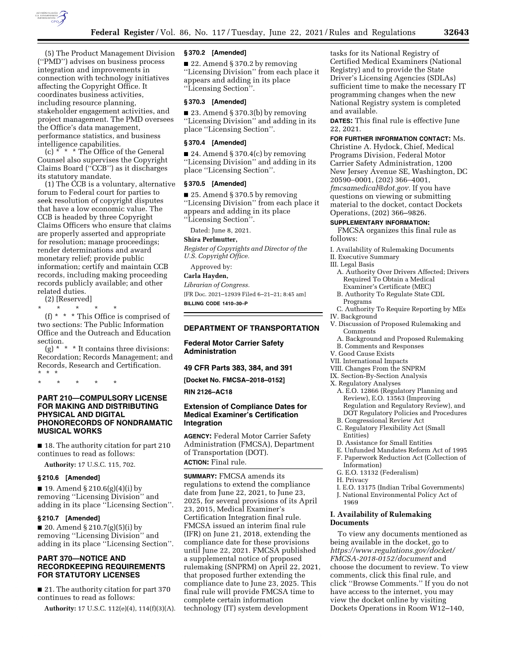 Federal Register/Vol. 86, No. 117/Tuesday, June 22, 2021/Rules