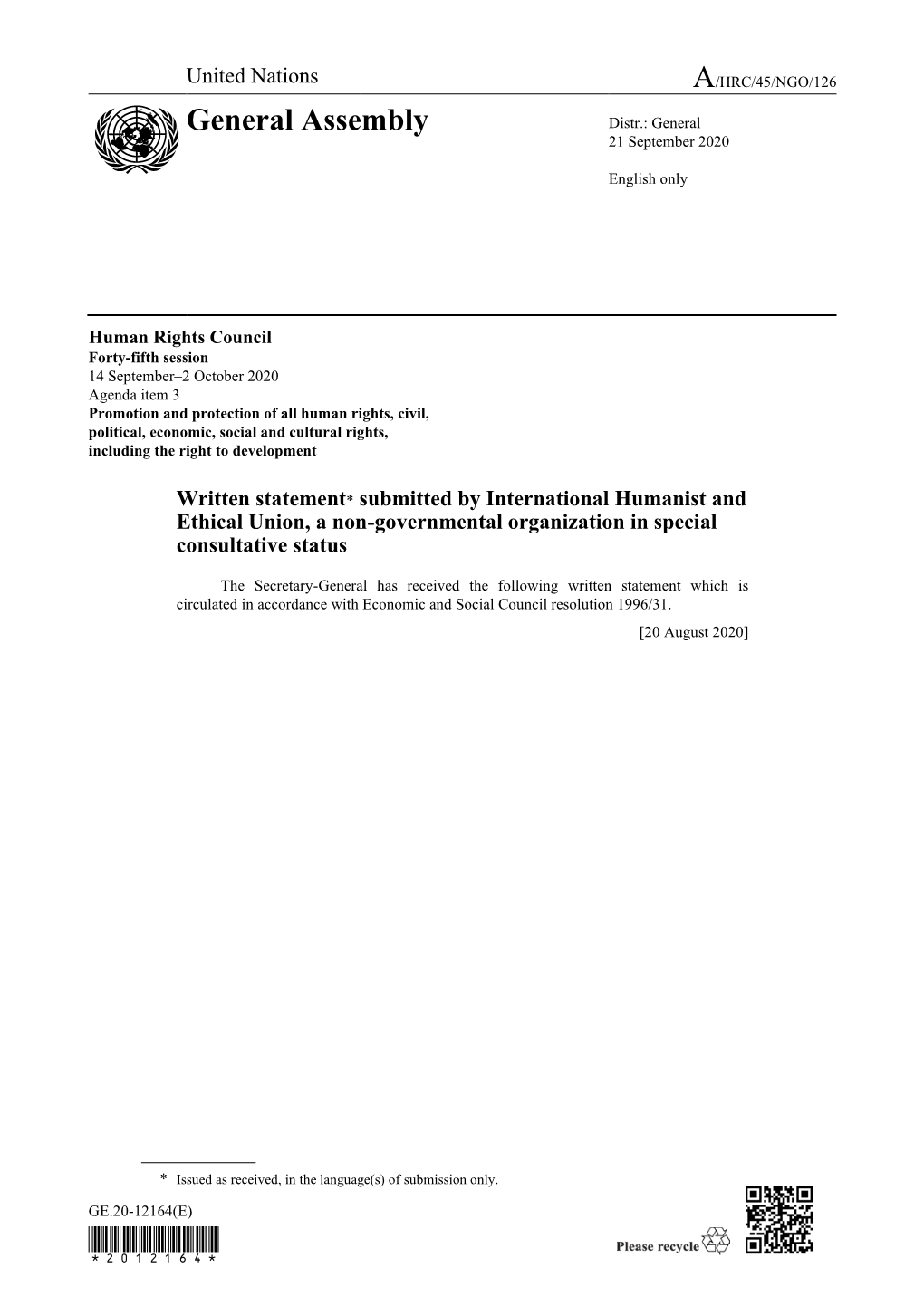 Written Statement* Submitted by International Humanist and Ethical Union, a Non-Governmental Organization in Special Consultative Status