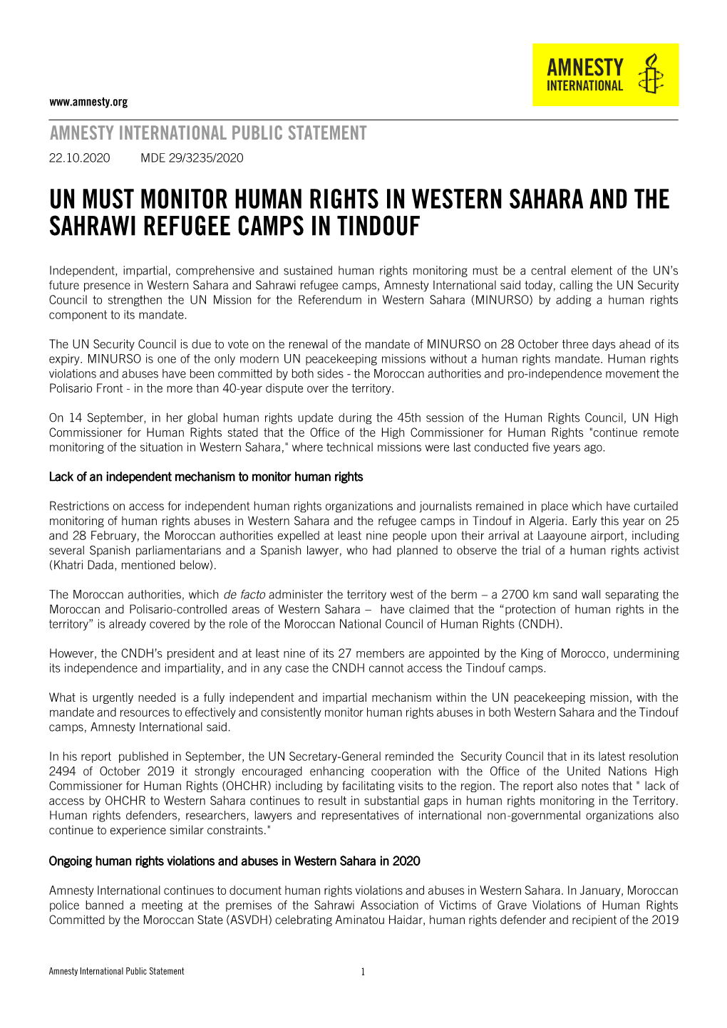 Un Must Monitor Human Rights in Western Sahara and the Sahrawi Refugee Camps in Tindouf