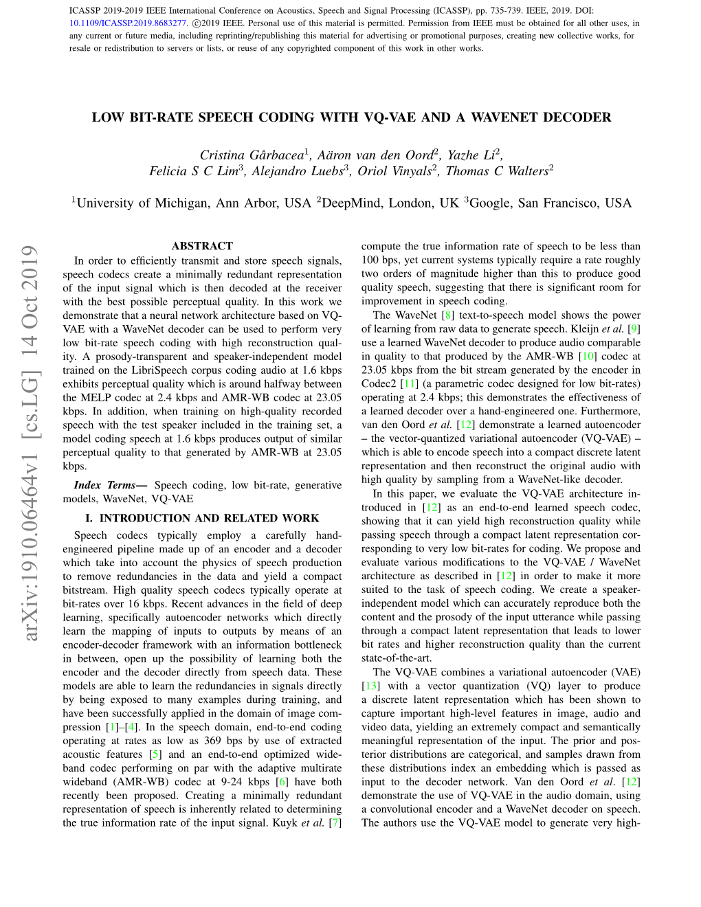 Low Bit-Rate Speech Coding with Vq-Vae and a Wavenet Decoder