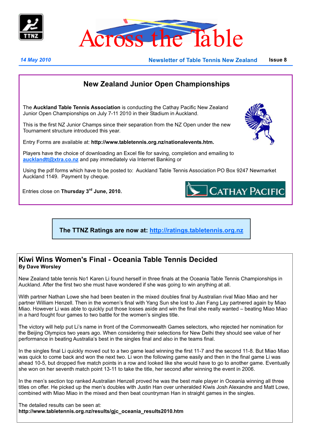 Across the Table 14 May 2010 Newsletter of Table Tennis New Zealand Issue 8