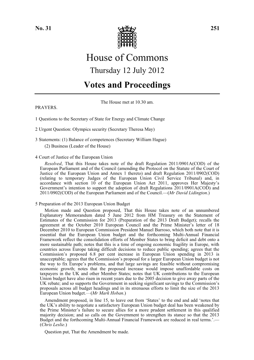 House of Commons Thursday 12 July 2012 Votes and Proceedings