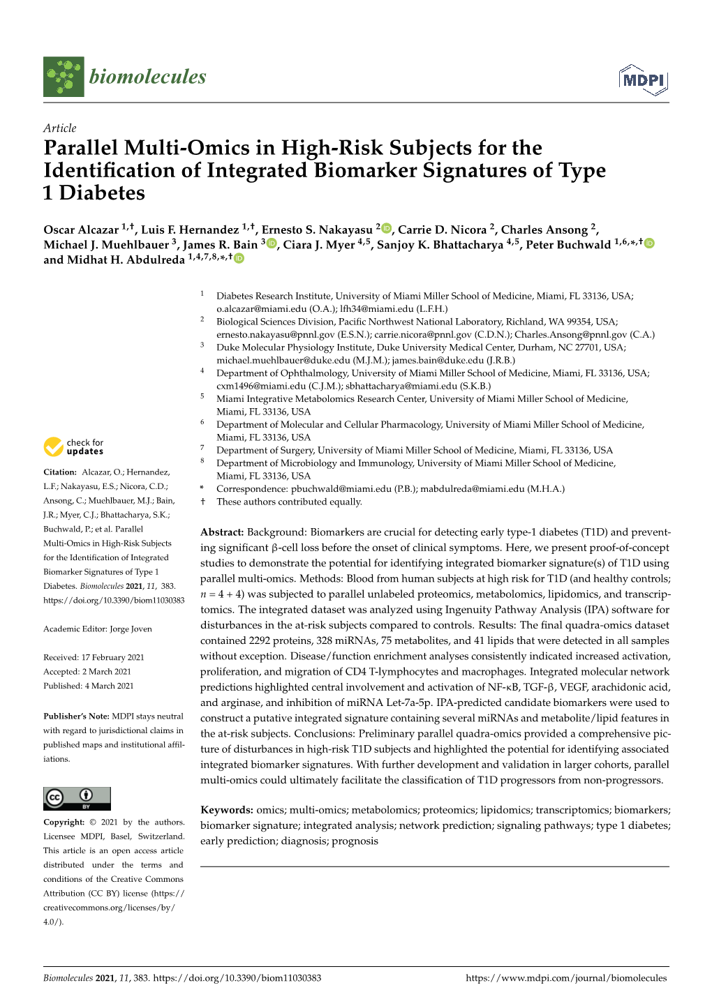 Parallel Multi-Omics in High-Risk Subjects for the Identification Of