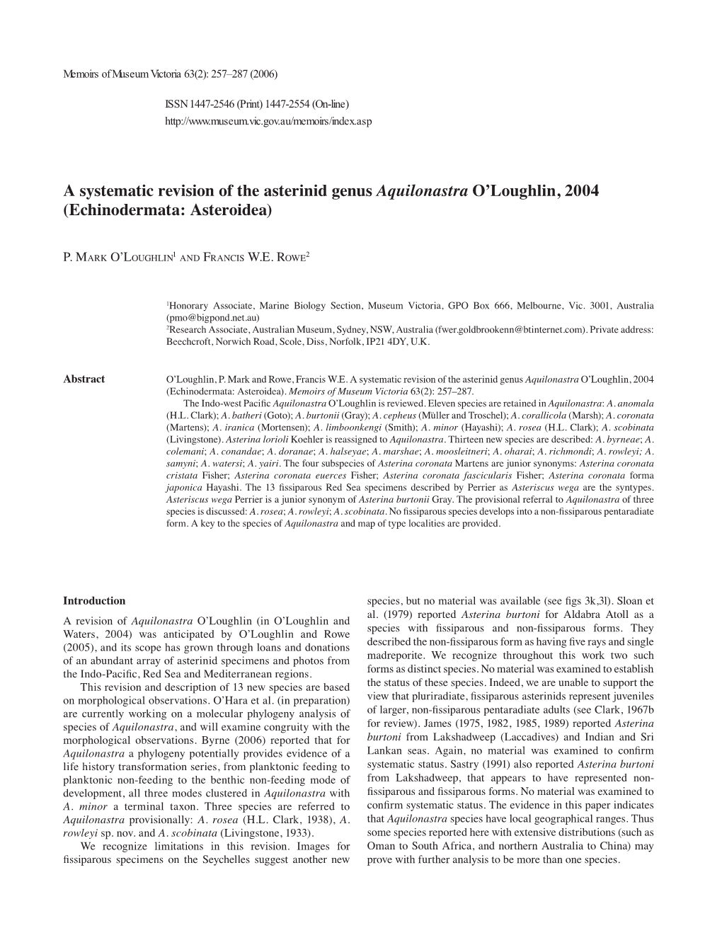 A Systematic Revision of the Asterinid Genus Aquilonastra O'loughlin