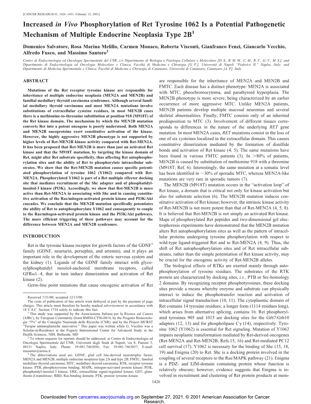 Increased in Vivo Phosphorylation of Ret Tyrosine 1062 Is a Potential Pathogenetic Mechanism of Multiple Endocrine Neoplasia Type 2B1