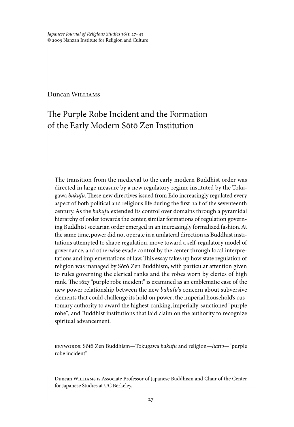 The Purple Robe Incident and the Formation of the Early Modern Sōtō Zen Institution