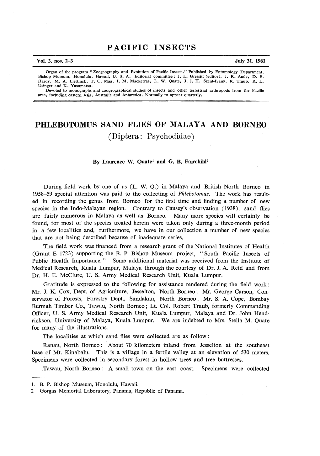 Pacific Insects Phlebotomic Sand Flies of Malaya And