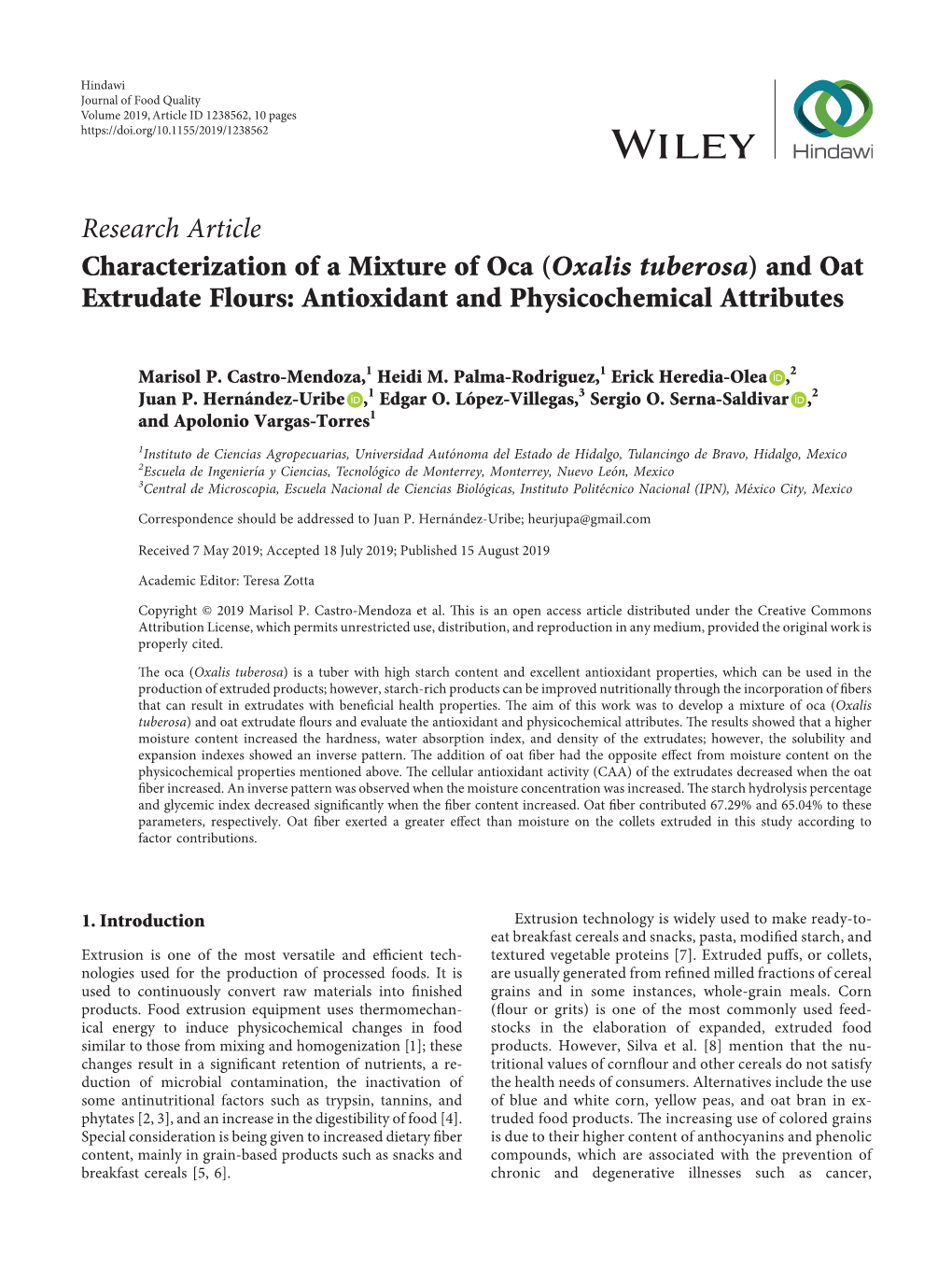 Characterization of a Mixture of Oca (Oxalis Tuberosa) and Oat Extrudate Flours: Antioxidant and Physicochemical Attributes