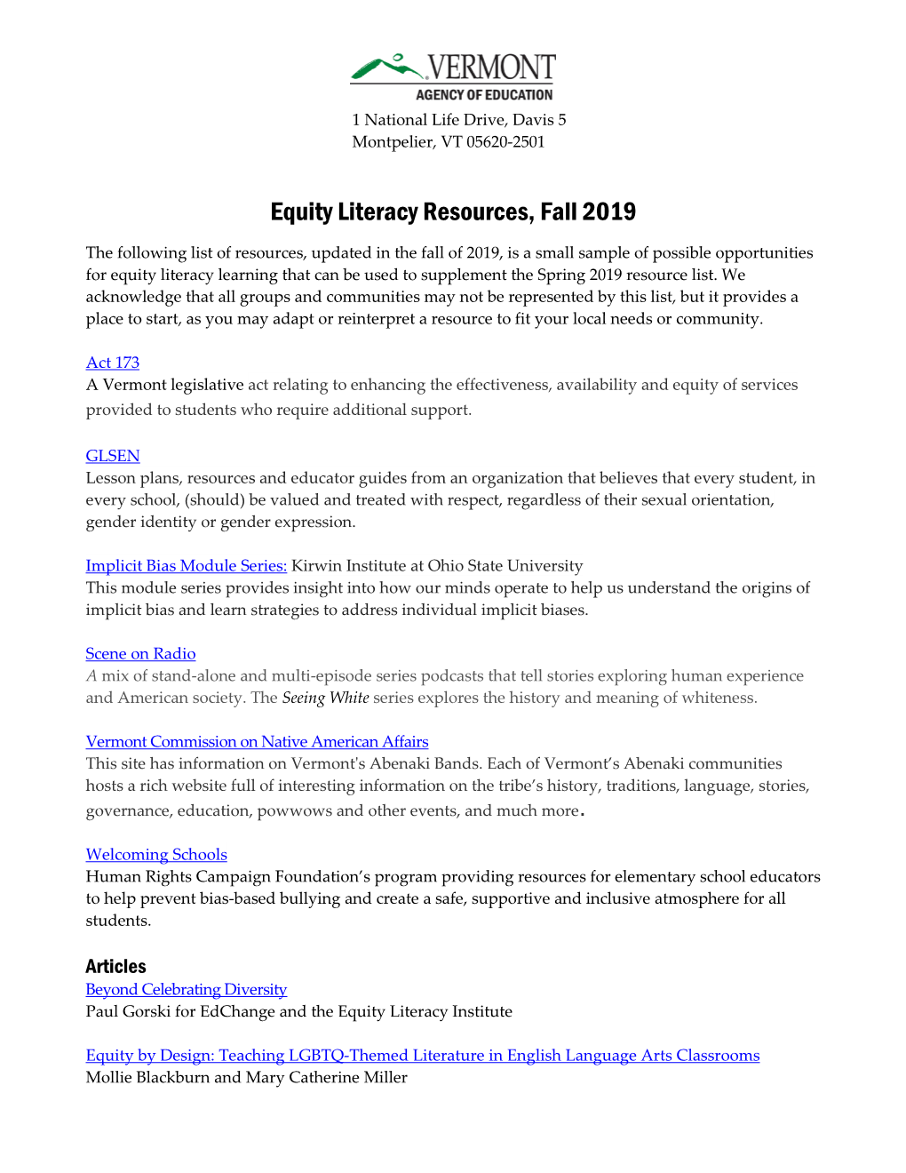 Equity Literacy Resources, Fall 2019