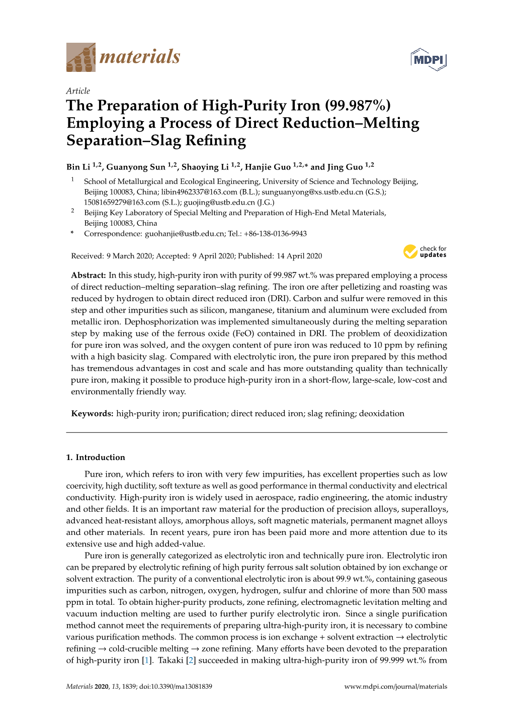 The Preparation of High-Purity Iron (99.987%) Employing a Process of Direct Reduction–Melting Separation–Slag Refining