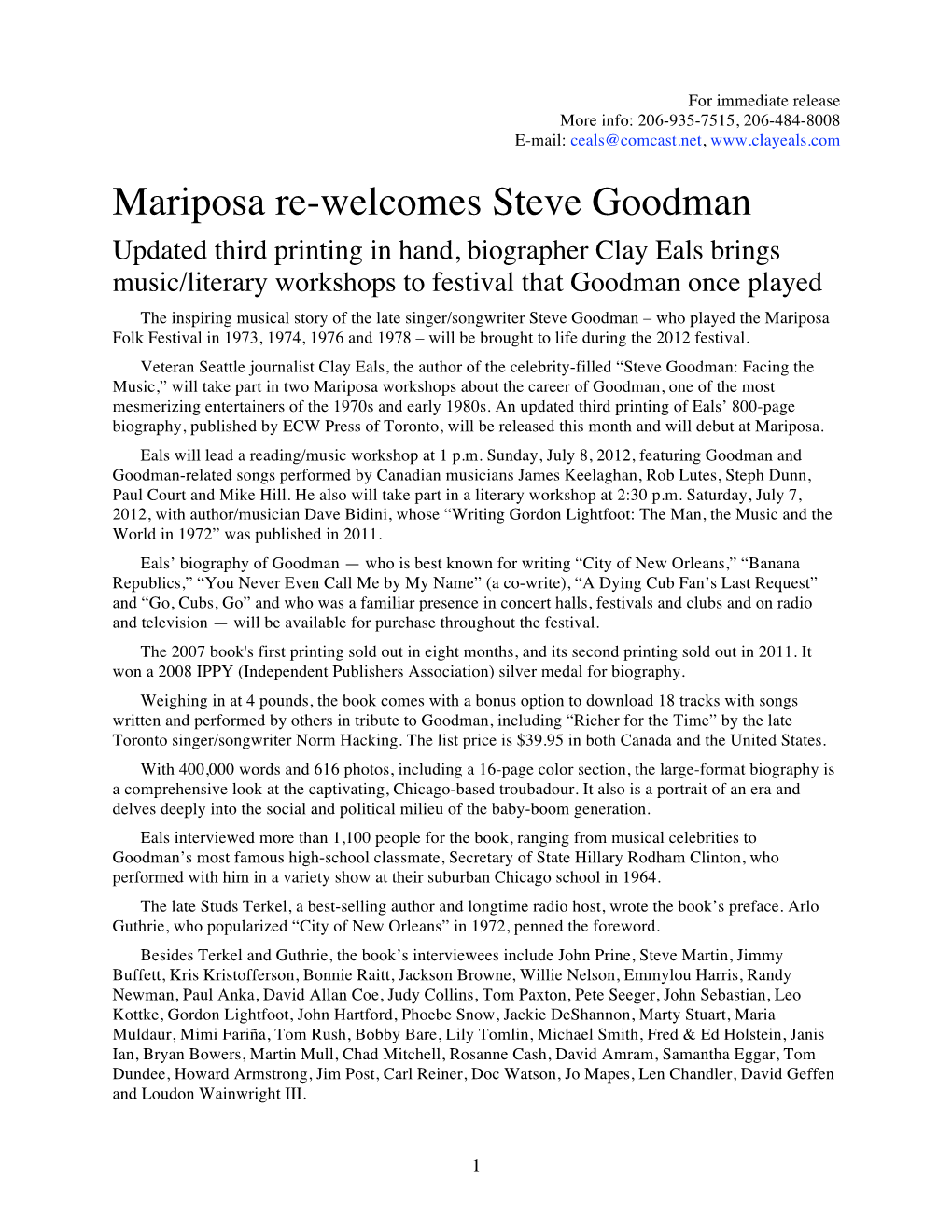 Mariposa Re-Welcomes Steve Goodman