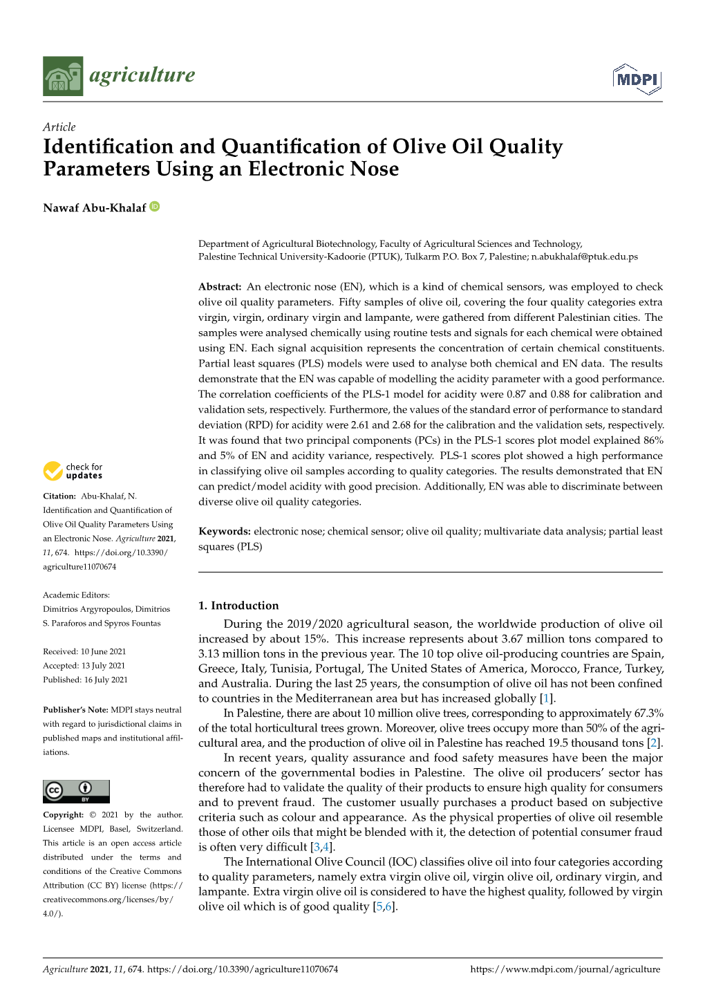 Identification and Quantification of Olive Oil Quality Parameters Using