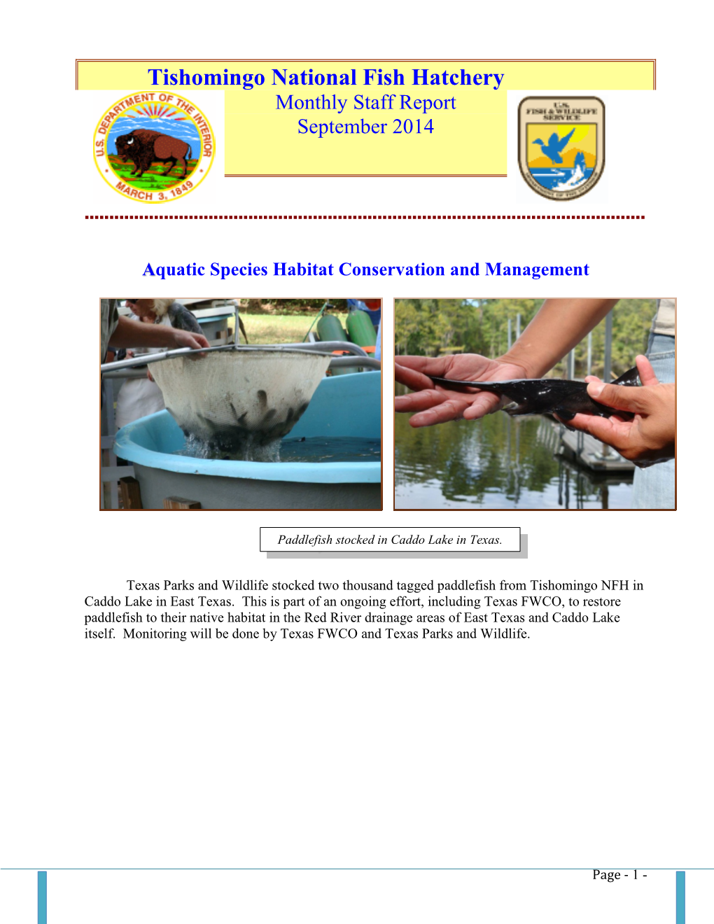 U.S. Fish & Wildlife Service, Tishomingo National Fish Hatchery, September 2014 Accomplishments