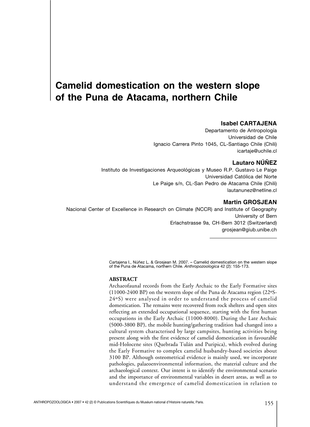 Camelid Domestication on the Western Slope of the Puna De Atacama, Northern Chile