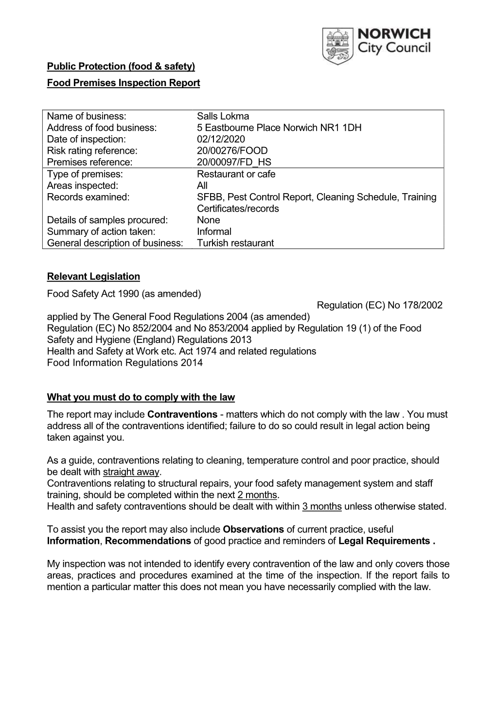 Food Premises Inspection Report