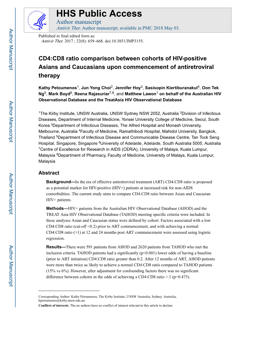 CD4:CD8 Ratio Comparison Between Cohorts of HIV-Positive Asians and Caucasians Upon Commencement of Antiretroviral Therapy