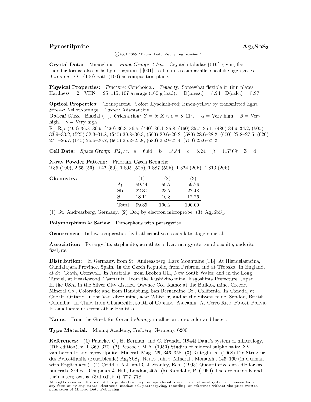 Pyrostilpnite Ag3sbs3 C 2001-2005 Mineral Data Publishing, Version 1