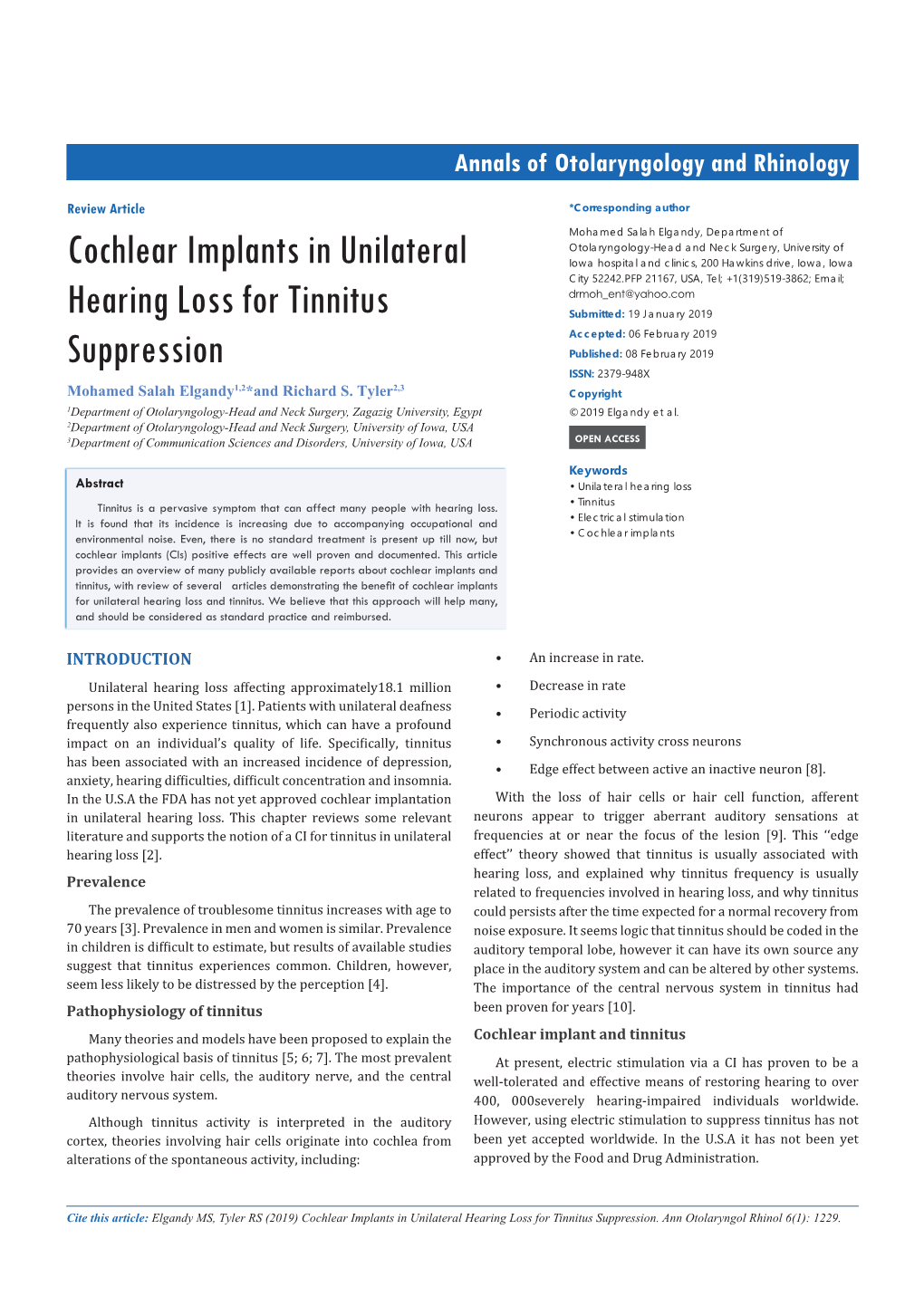 Cochlear Implants in Unilateral Hearing Loss for Tinnitus Suppression